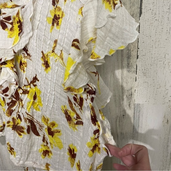 Free People Naya Ruffle Floral Blouse Ivory Short Sleeve Top size S Boho Cottage - Picture 10 of 11